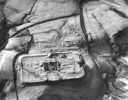 Aerial photograph of  Vindolanda taken in winter, 1967, before the main excavations in the vicus