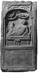 Scenes of dining were popular on funerary reliefs. Diners, both male and Women could also be represented dining on funerary reliefs. This is the tombstone of Curatia Dinysia, from Chester