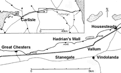 The location of Vindolanda in relation to the Stanegate and Hadrian's Wall. Nearby forts and milecastles are indicated.