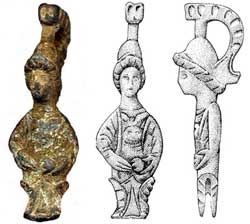 Photo and drawing of front and side view of a bust of the goddess Minerva, the handle for a wax spatula 