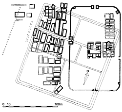 A possible layout of forts 2-5 (indicated by fainter lines on the plan) at Vindolanda, beneath the  stone fort and vicus. The  broken lines on the left of the picture also indicate evidence of contemporary occupation.