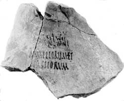 The painted inscription on the neck of an olive oil amphora. The most visible part of the inscription reads Aemiliorum et / Cassiorum, referring to the shipper of the olive oil, the firm of the Aemilii and Cassii.