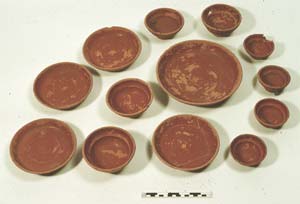 A set of samian vessels, perhaps a ëdining serviceí, imported from southern Gaul, supplied as grave goods in a late first century AD burial from St Albans.