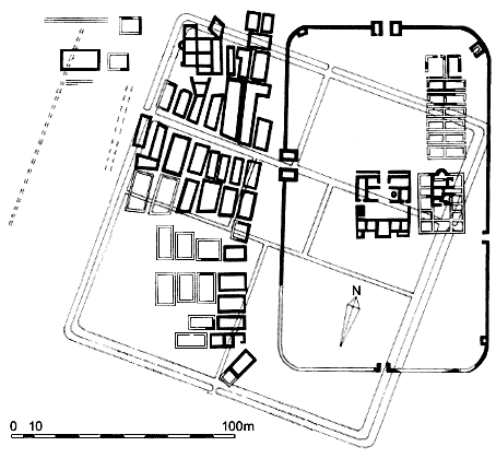 A possible layout of forts II-V (indicated by fainter lines on the plan) at Vindolanda, beneath the  stone fort and vicus. The  broken lines on the left of the picture also indicate evidence of contemporary occupation.