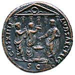 An as of the emperor Domitian. The obverse bears his bust, the reverse a scene commemorating the Ludi Saeculares, including the emperor sacrificing beforea temple with musicians.
AD 88
